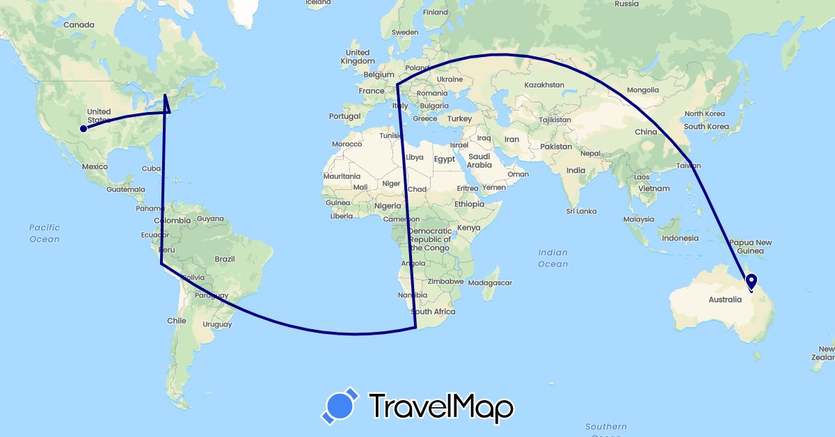 TravelMap itinerary: driving in Australia, Canada, Germany, Peru, Taiwan, United States, South Africa (Africa, Asia, Europe, North America, Oceania, South America)